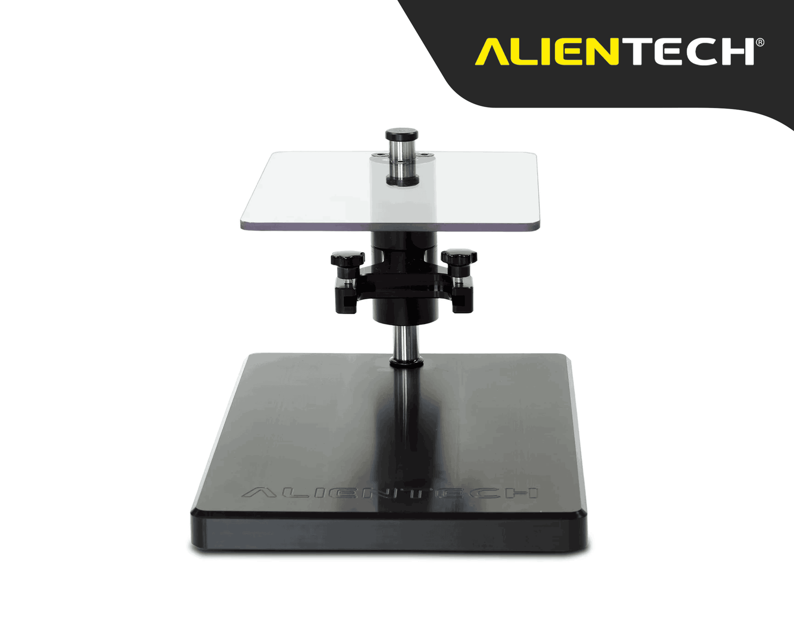 Support de positionnement Alientech en métal noir et plateau en plexiglas transparent pour programmation