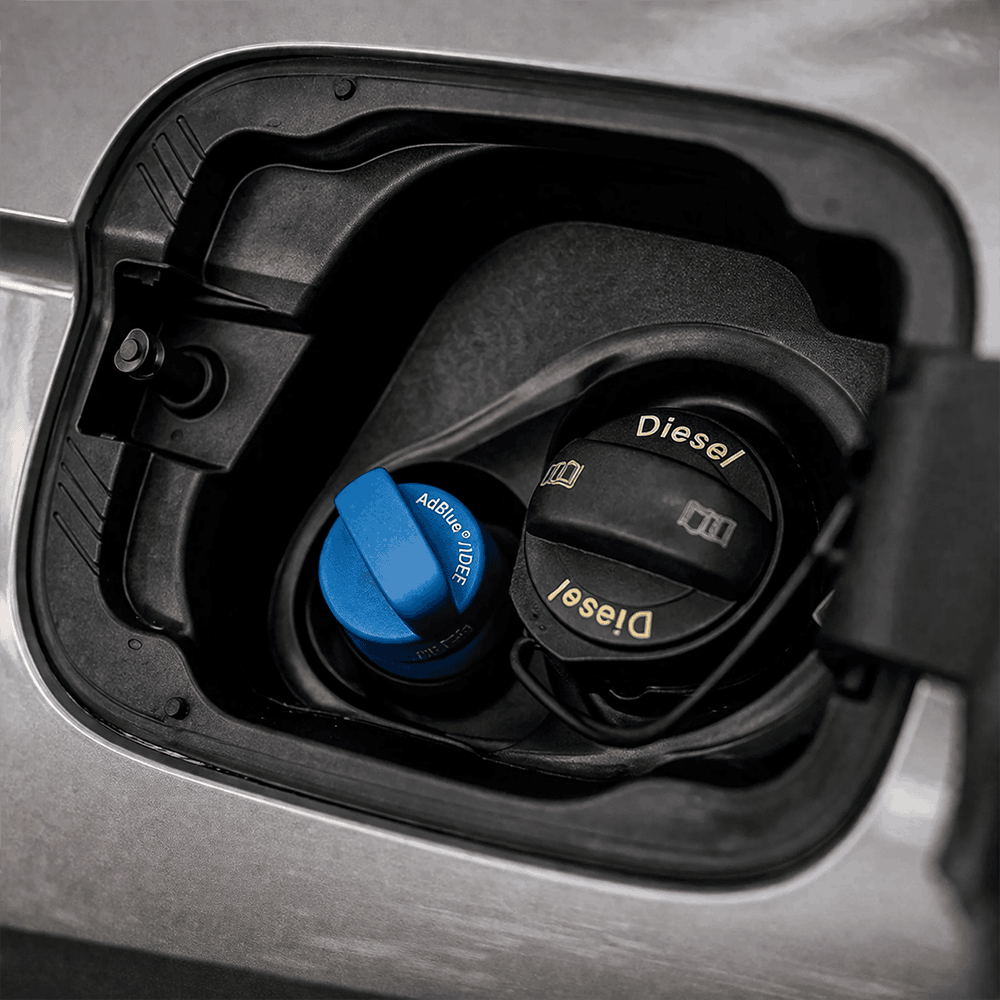 Gros plan sur la trappe de carburant d un vehicule diesel avec bouchon bleu AdBlue