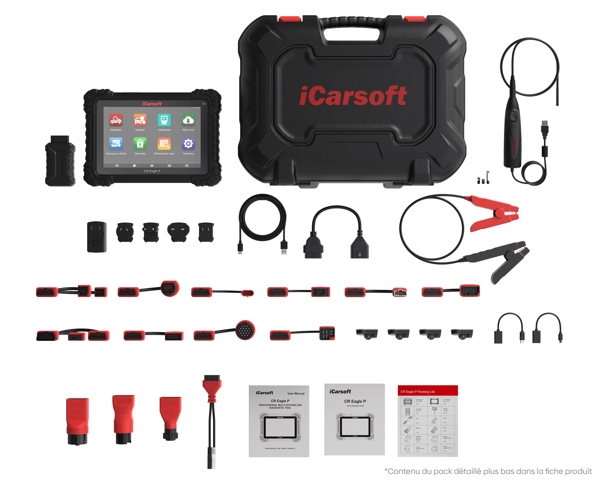 Pack complet de la valise de diagnostic iCarsoft CR Eagle P avec ses accessoires et cables