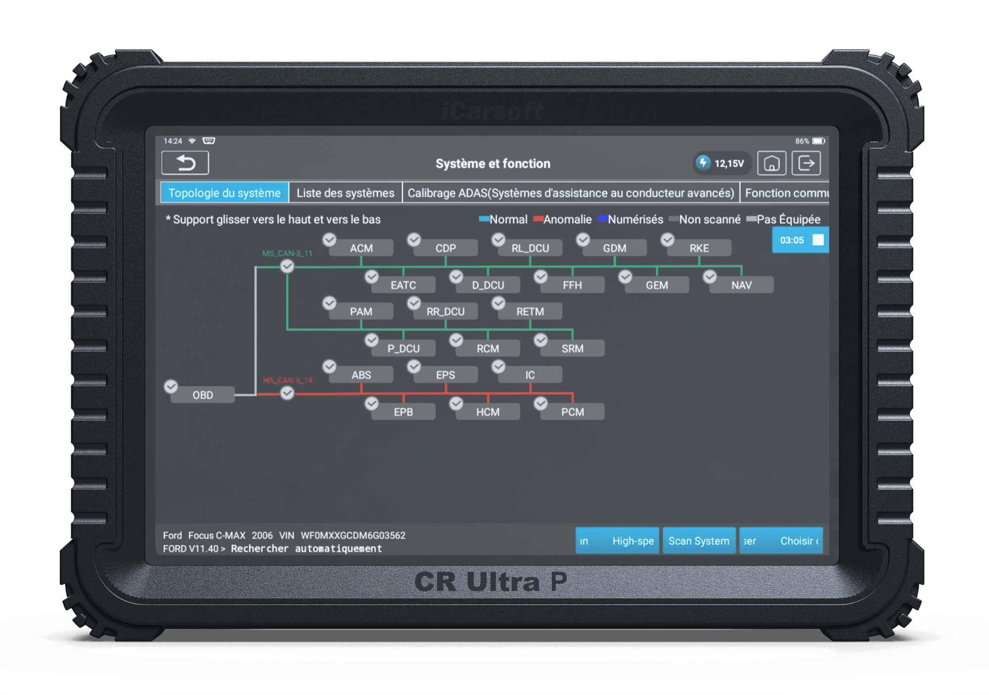 Interface de la valise de diagnostic multimarque iCarsoft CR Ultra P affichant la topologie du système