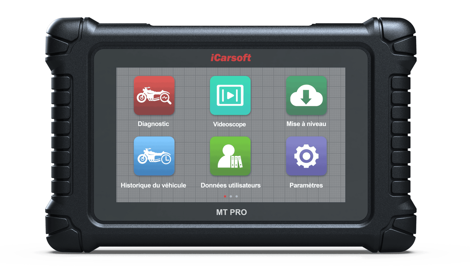 Tablette tactile de diagnostic moto iCarsoft MT Pro affichant le menu en francais