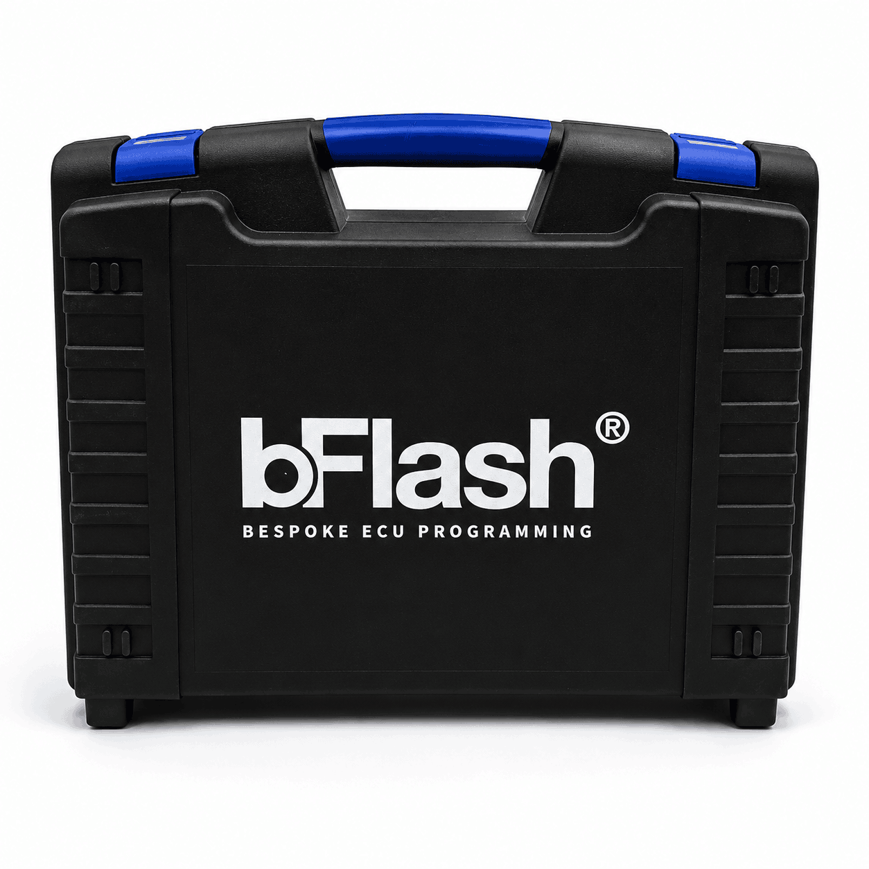 Valise de transport noire rigide et protectrice avec poignée bleue de la marque bFlash