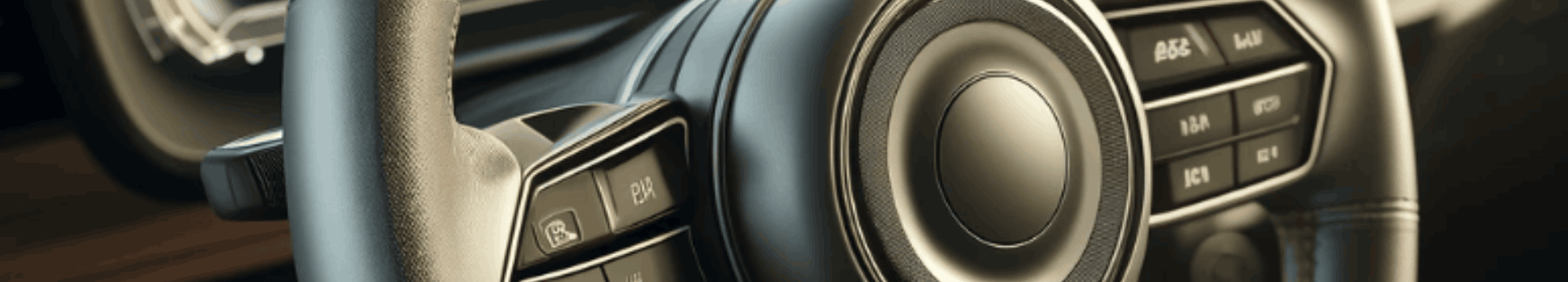 Gros plan sur un volant en cuir moderne et ses boutons de commandes de diagnostic
