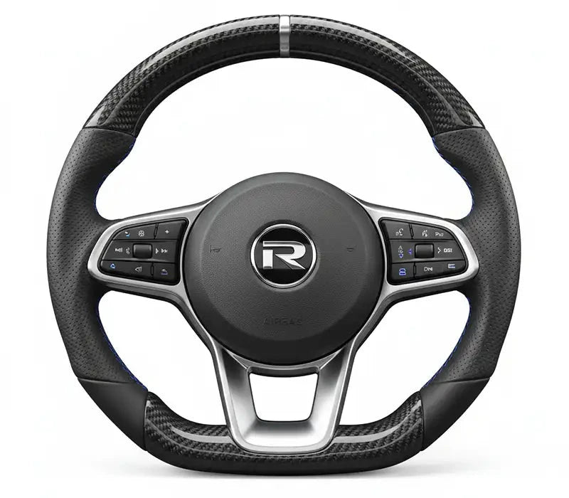 Volant sport ergonomique en carbone et cuir perforé avec surpiqûres bleues
