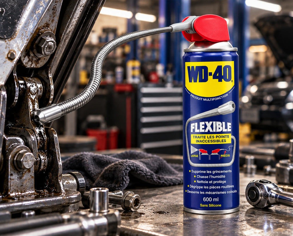 WD-40 Multifonction flexible dont le tube contourne une pièce mécanique en atelier