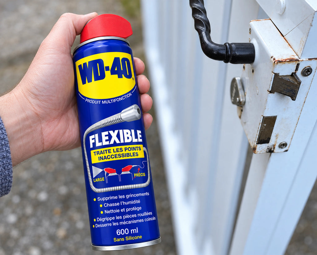 WD-40 Multifonction flexible 600 ml tenu près du loquet d’un portail blanc