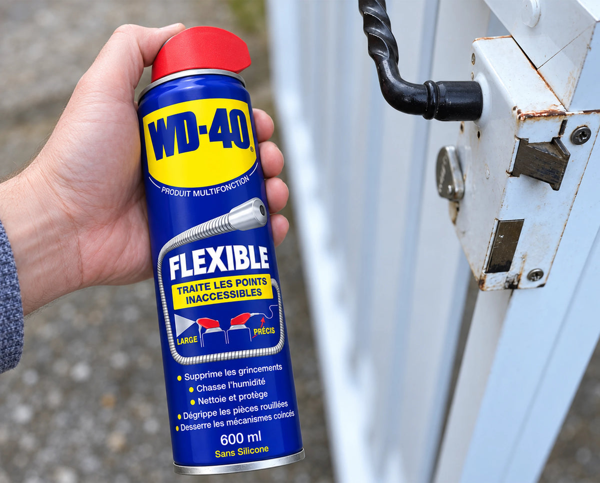 WD-40 Multifonction flexible 600 ml tenu près du loquet d’un portail blanc