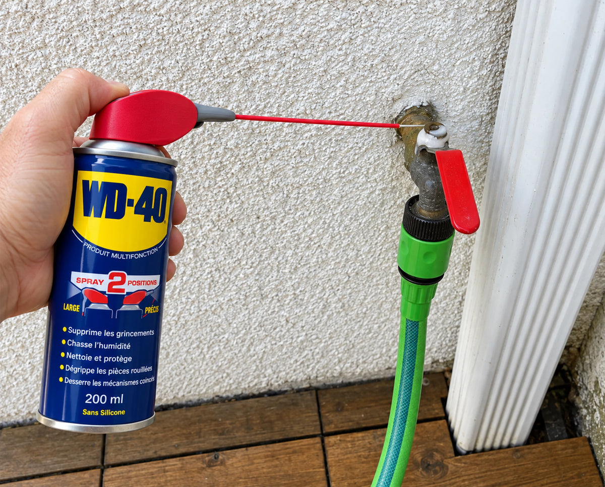 WD-40 Multifonction pulvérisé sur un robinet extérieur avec le tube relevé