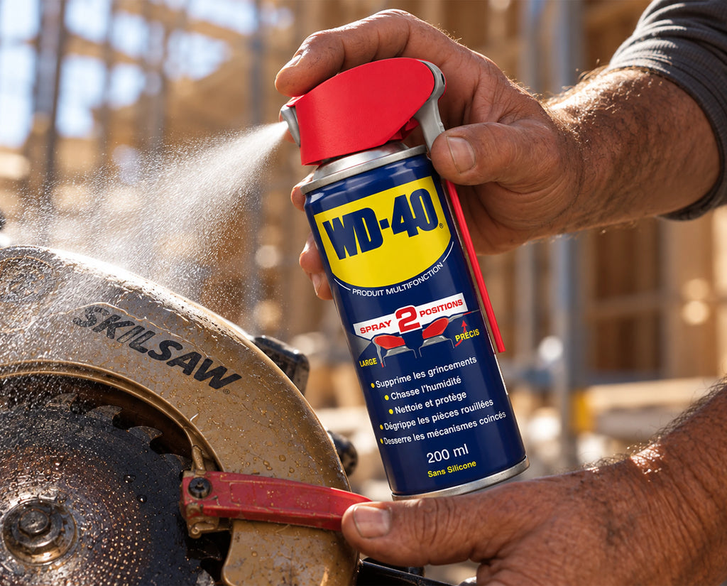 WD-40 Multifonction pulvérisé sur la lame d’une scie circulaire