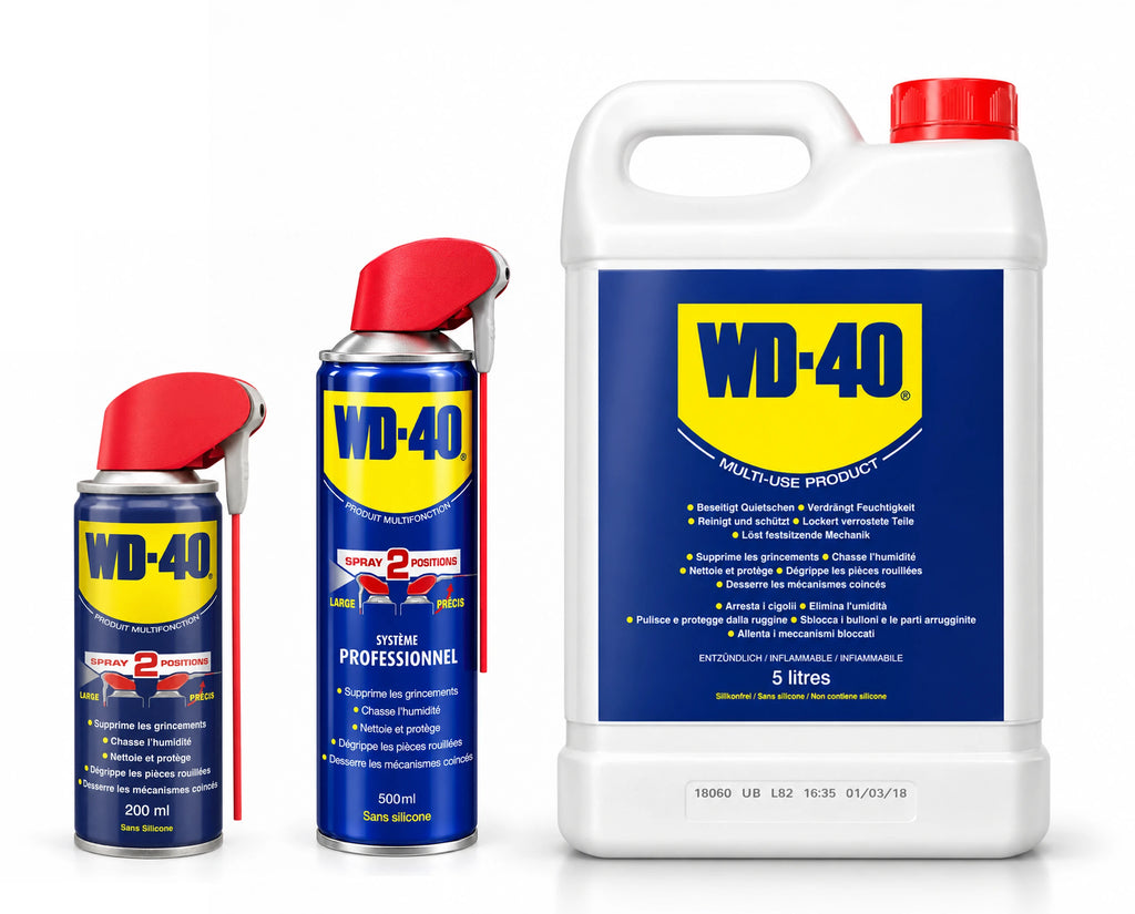 Gamme WD-40 Multifonction : aérosols 200 ml et 500 ml et bidon 5 L