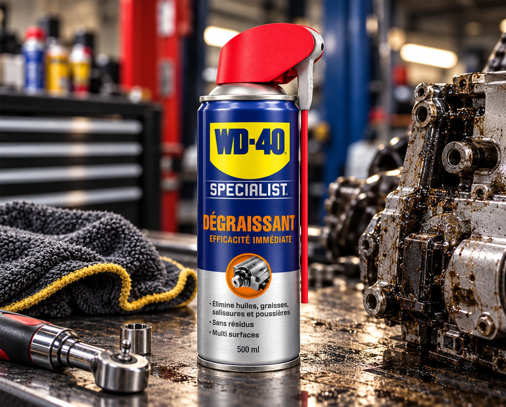 WD-40 Specialist Dégraissant 500 ml à côté d’un bloc moteur en atelier