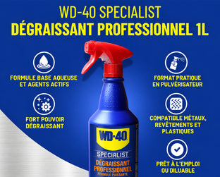 Infographie WD-40 Specialist Dégraissant professionnel 1 L : formule à base aqueuse, fort pouvoir dégraissant, pulvérisateur, compatible métaux, revêtements et plastiques, prêt à l’emploi ou diluable