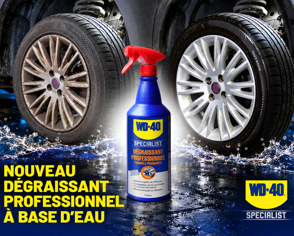 Visuel promotionnel WD-40 Specialist Dégraissant professionnel 1 L devant des jantes de voiture, avec le texte « Nouveau dégraissant professionnel à base d’eau »