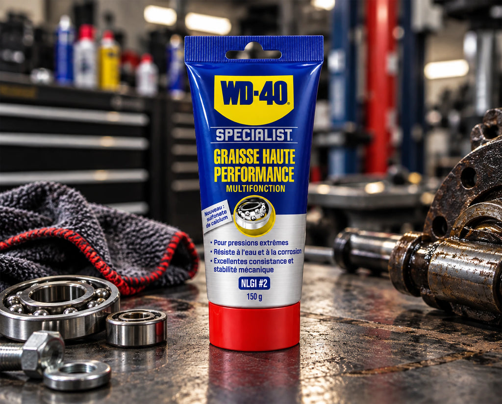 Tube WD-40 Specialist Graisse haute performance 150 g entouré de roulements en atelier