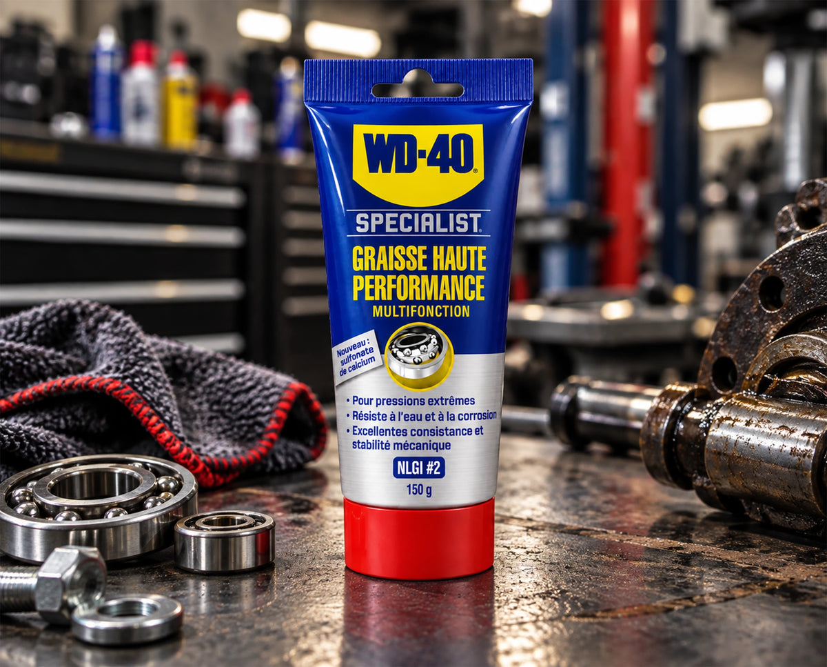 Tube WD-40 Specialist Graisse haute performance 150 g entouré de roulements en atelier