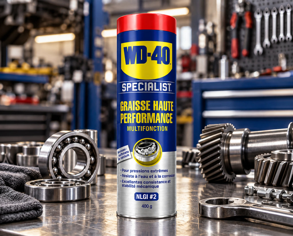 Cartouche WD-40 Specialist Graisse haute performance 400 g entourée de roulements en atelier