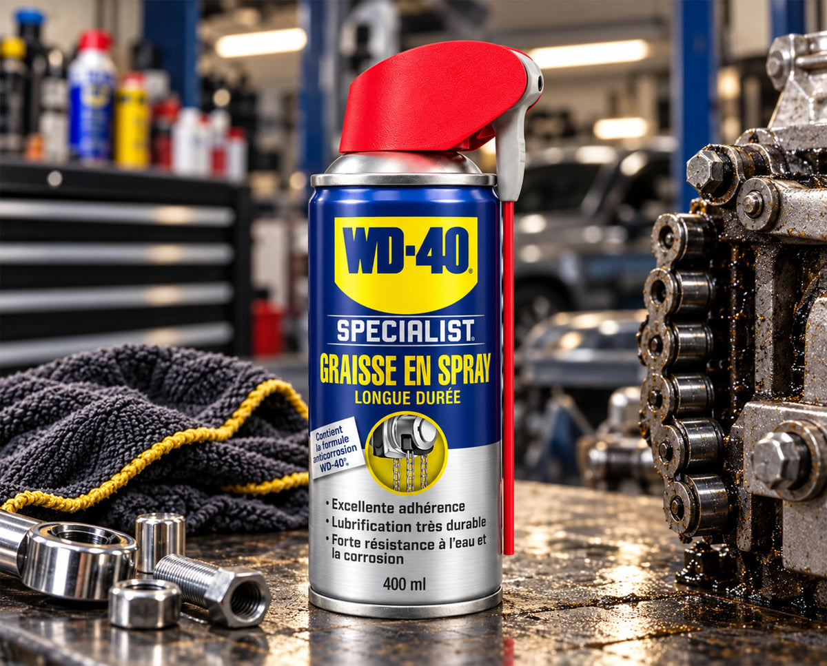 WD-40 Specialist Graisse en spray longue durée à côté d’une chaîne en atelier