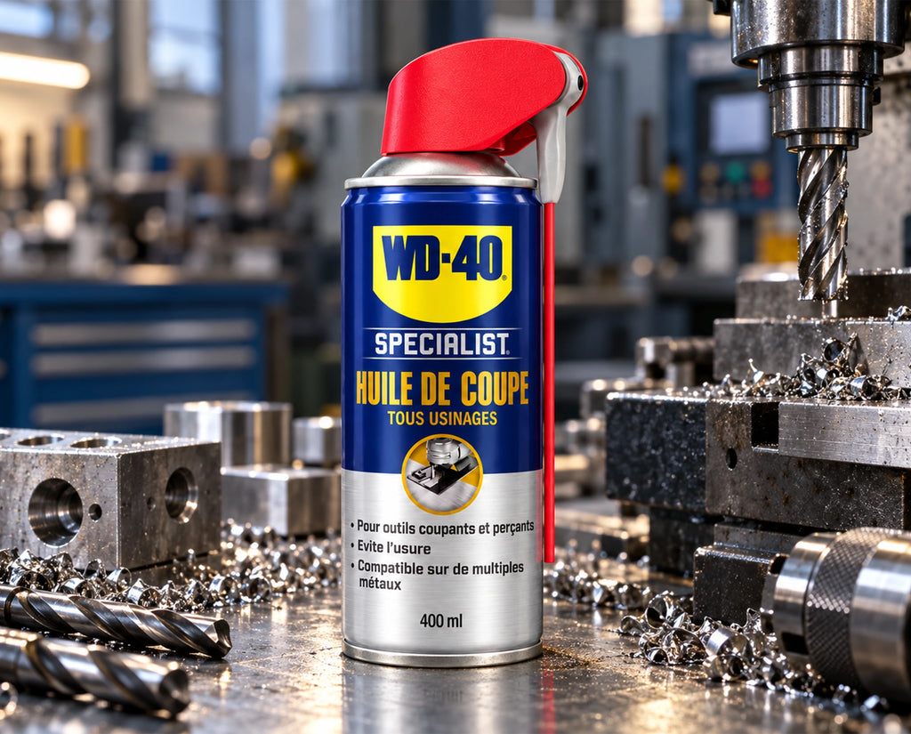 WD-40 Specialist Huile de coupe à côté d’une perceuse à colonne et de copeaux métalliques