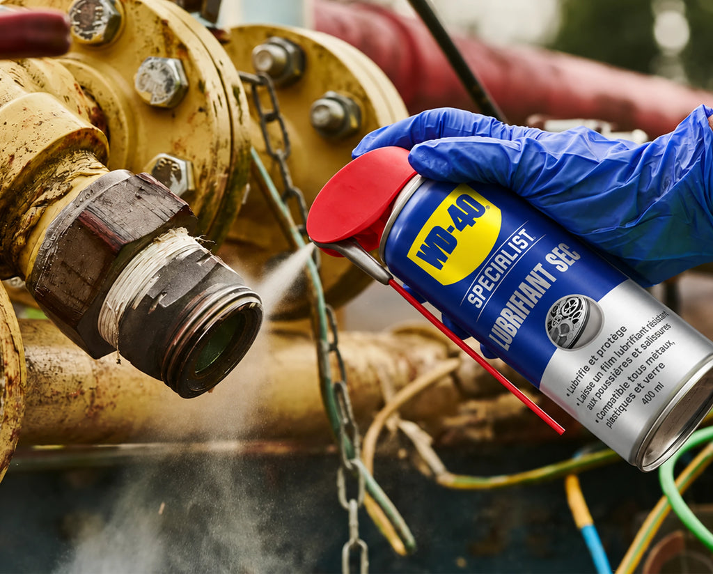 WD-40 Specialist Lubrifiant sec pulvérisé sur une vanne industrielle