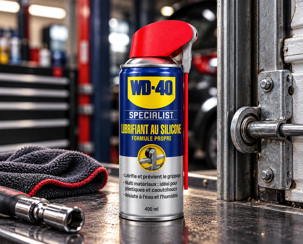 WD-40 Specialist Lubrifiant silicone à côté de la charnière d’une porte métallique
