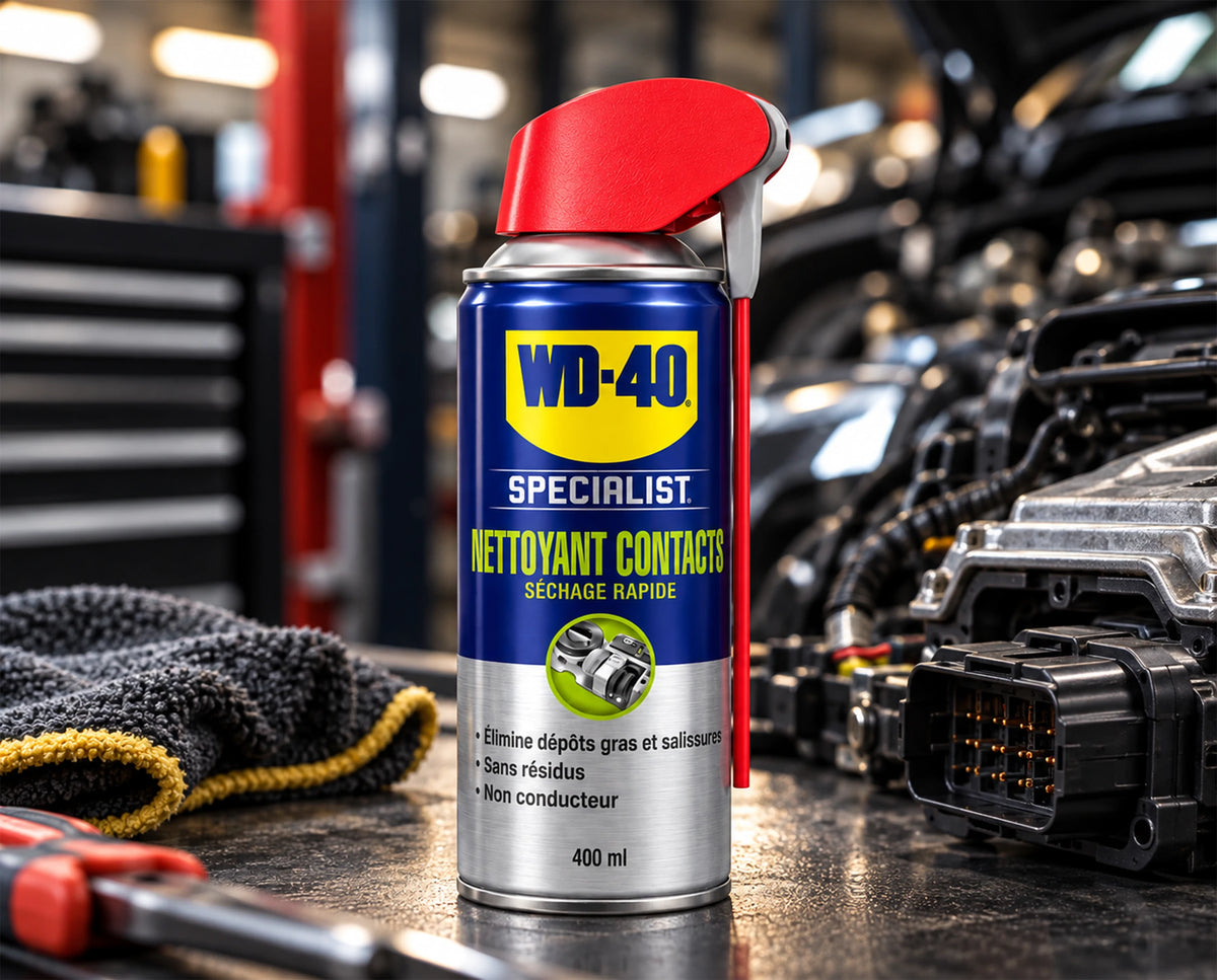 WD-40 Specialist Nettoyant contacts devant un compartiment moteur et des connecteurs