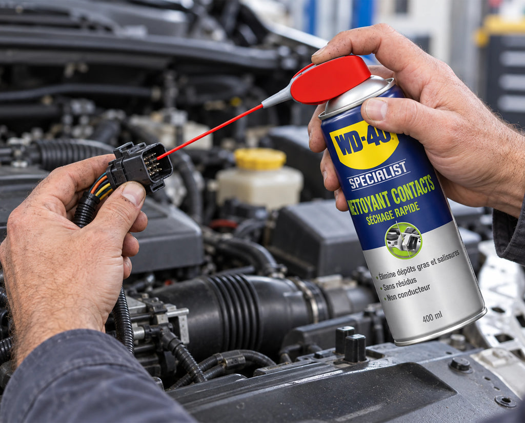WD-40 Specialist Nettoyant contacts pulvérisé sur un connecteur électrique de moteur