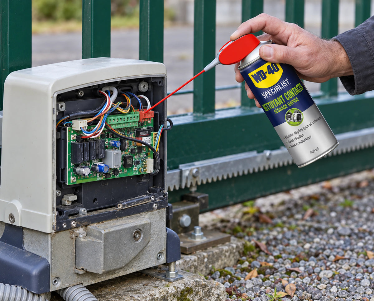 WD-40 Specialist Nettoyant contacts pulvérisé sur la carte électronique d’une motorisation de portail