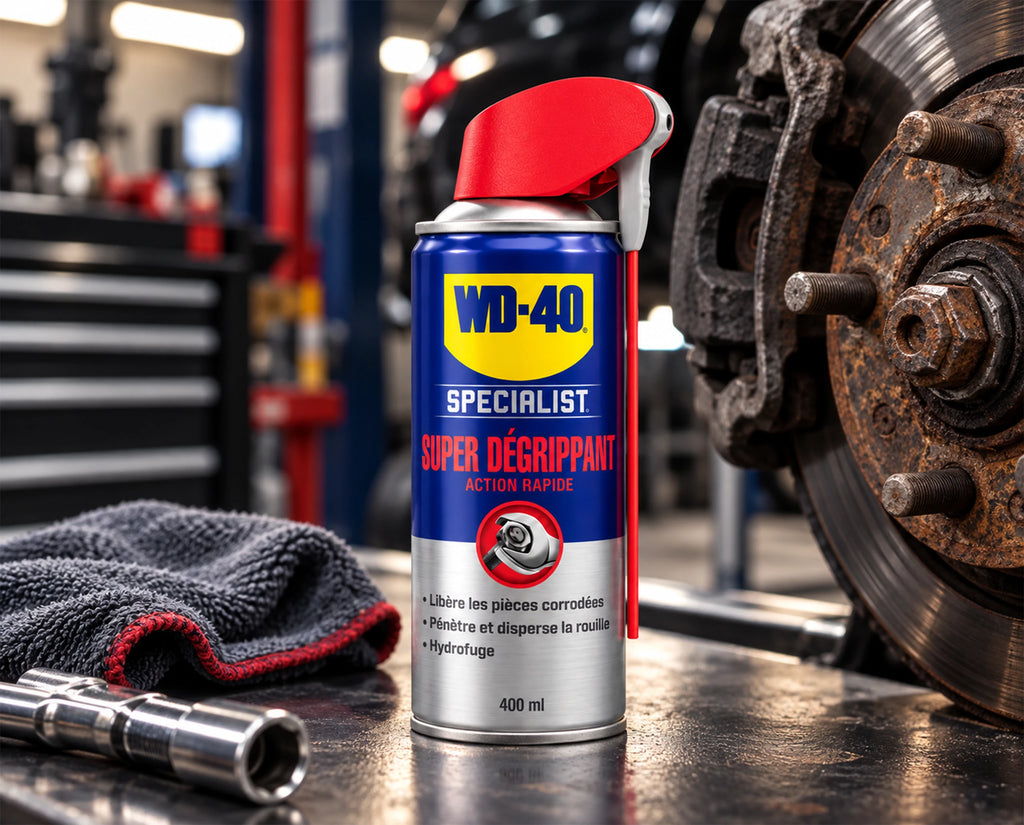 WD-40 Specialist Super dégrippant à côté d’un disque de frein rouillé