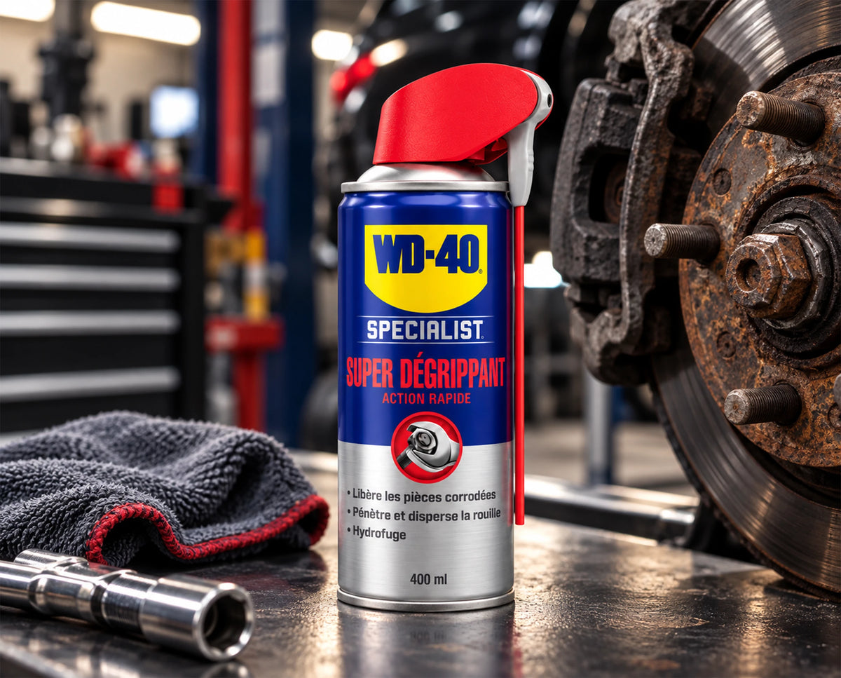 WD-40 Specialist Super dégrippant à côté d’un disque de frein rouillé