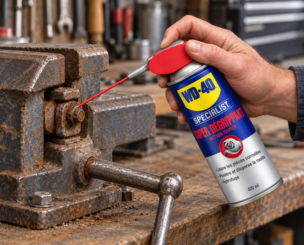 WD-40 Specialist Super dégrippant pulvérisé sur la vis d’un étau rouillé
